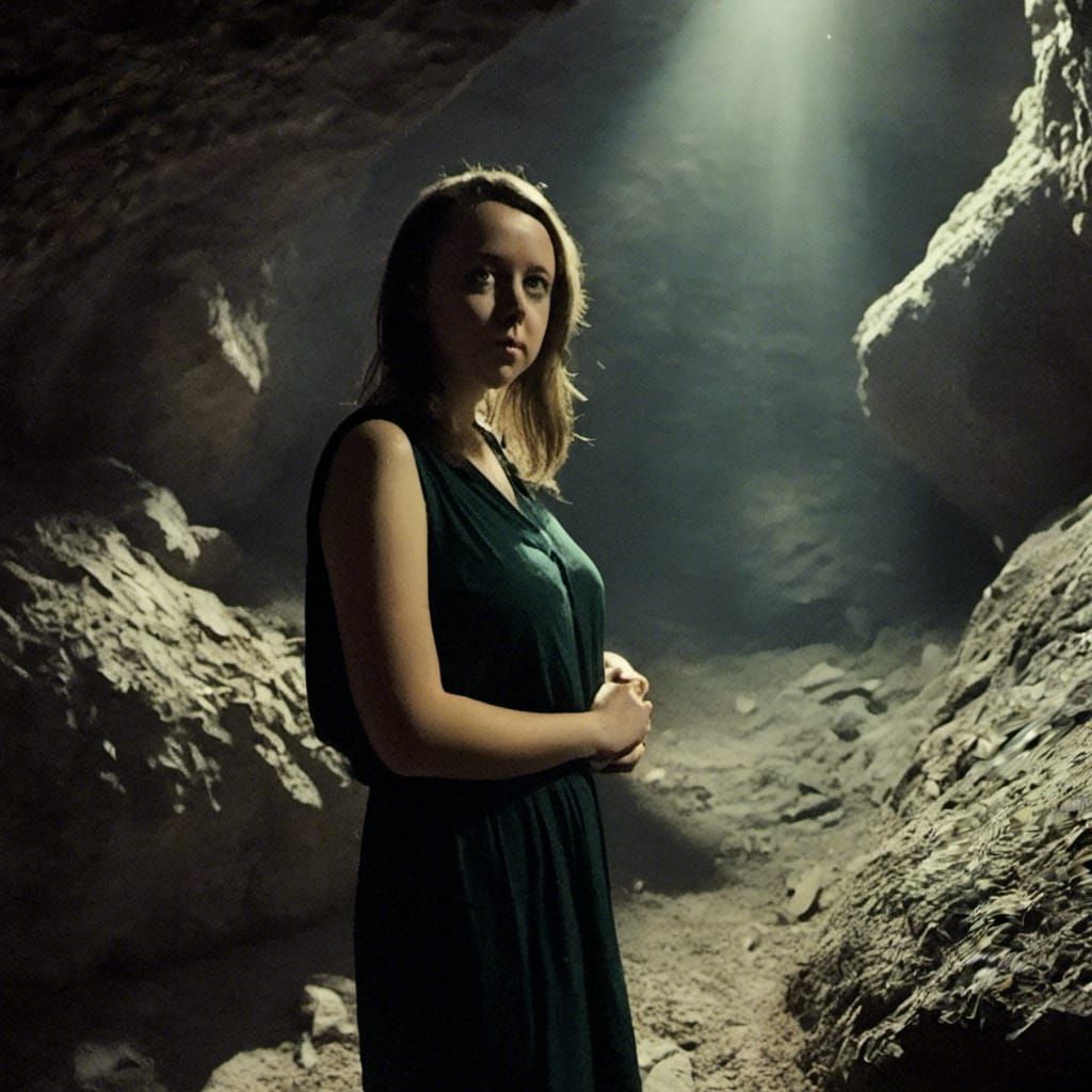 Cinematic Figure in Expansive Cave with Volumetric Lighting