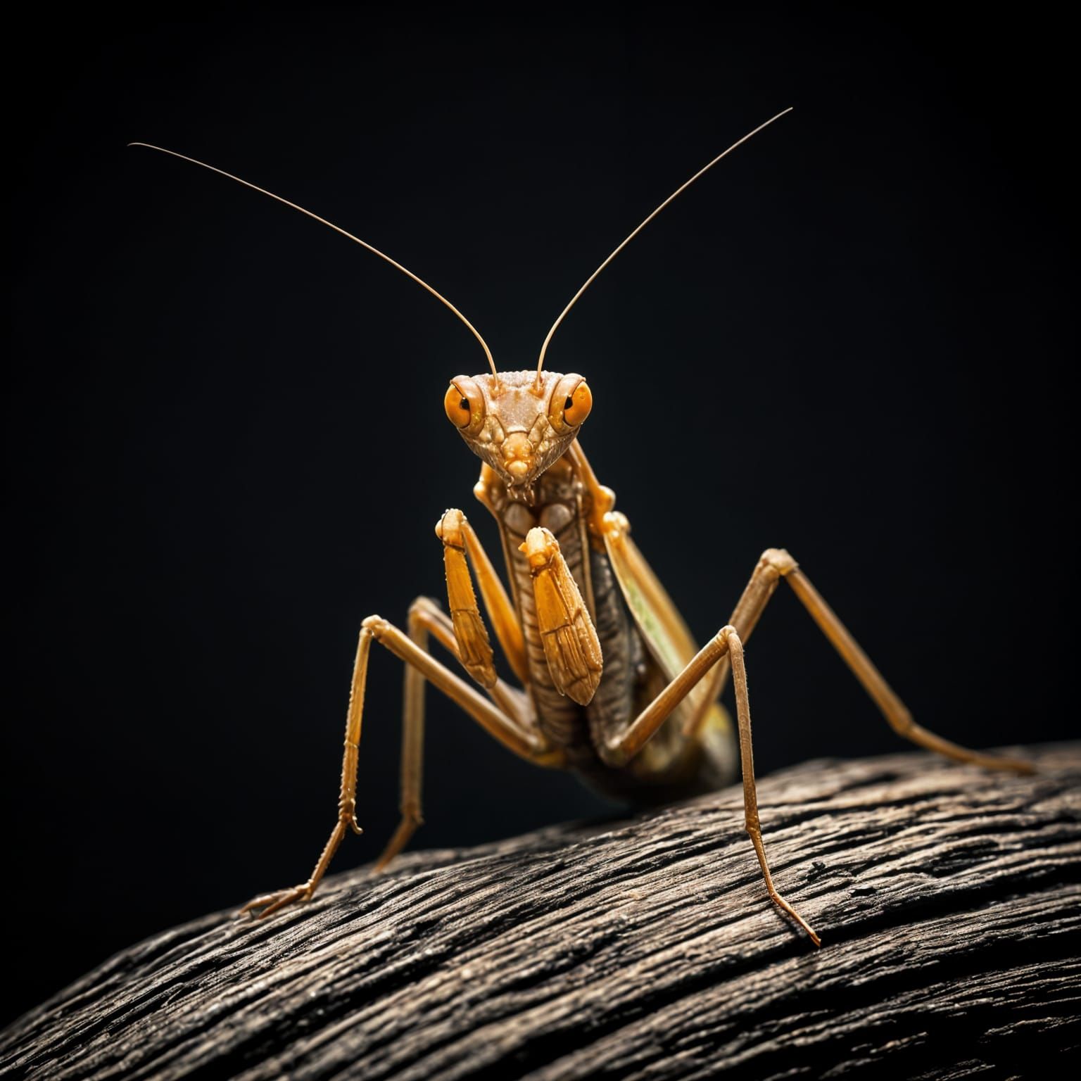 Praying Mantis with Firefly Eyes, Hyperrealistic Image