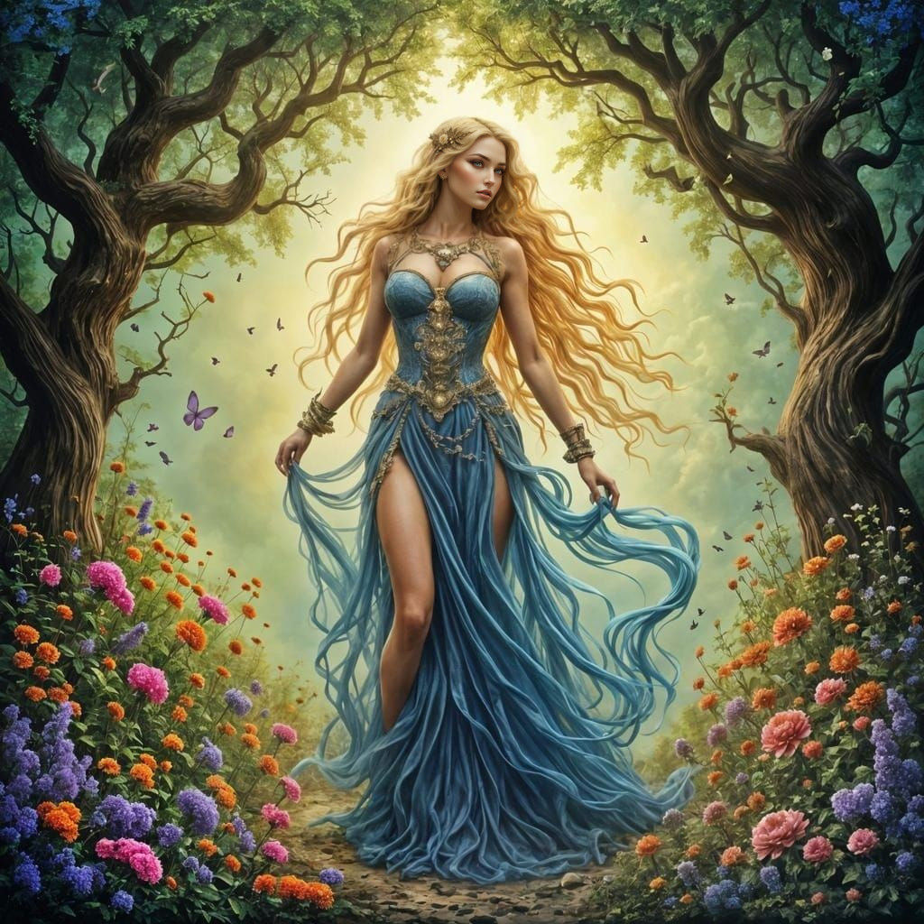 Goddess of Enchanted Florals in Vibrant Background