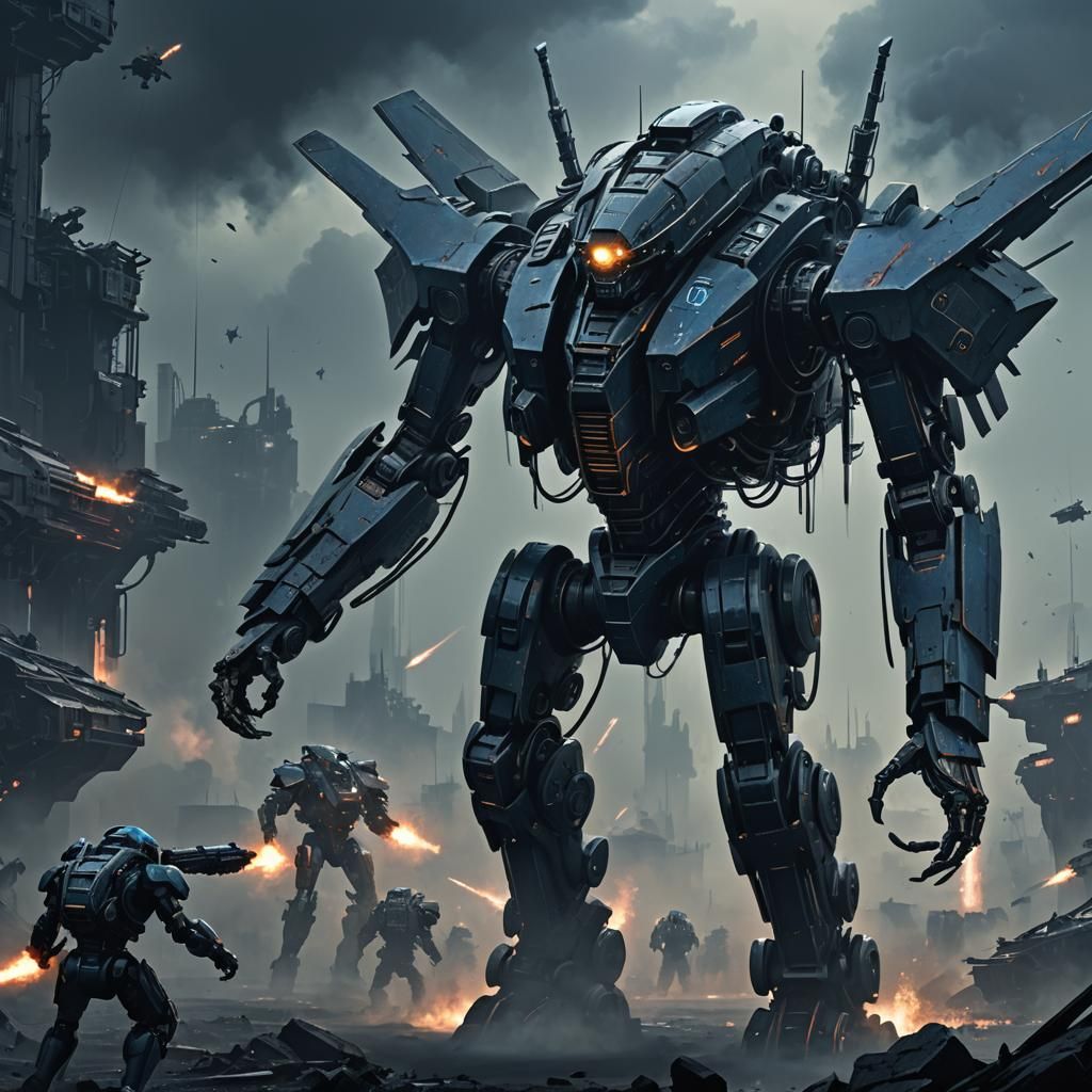 Ominous Robotic Exoskeleton on Battlefield in Sci-Fi Style