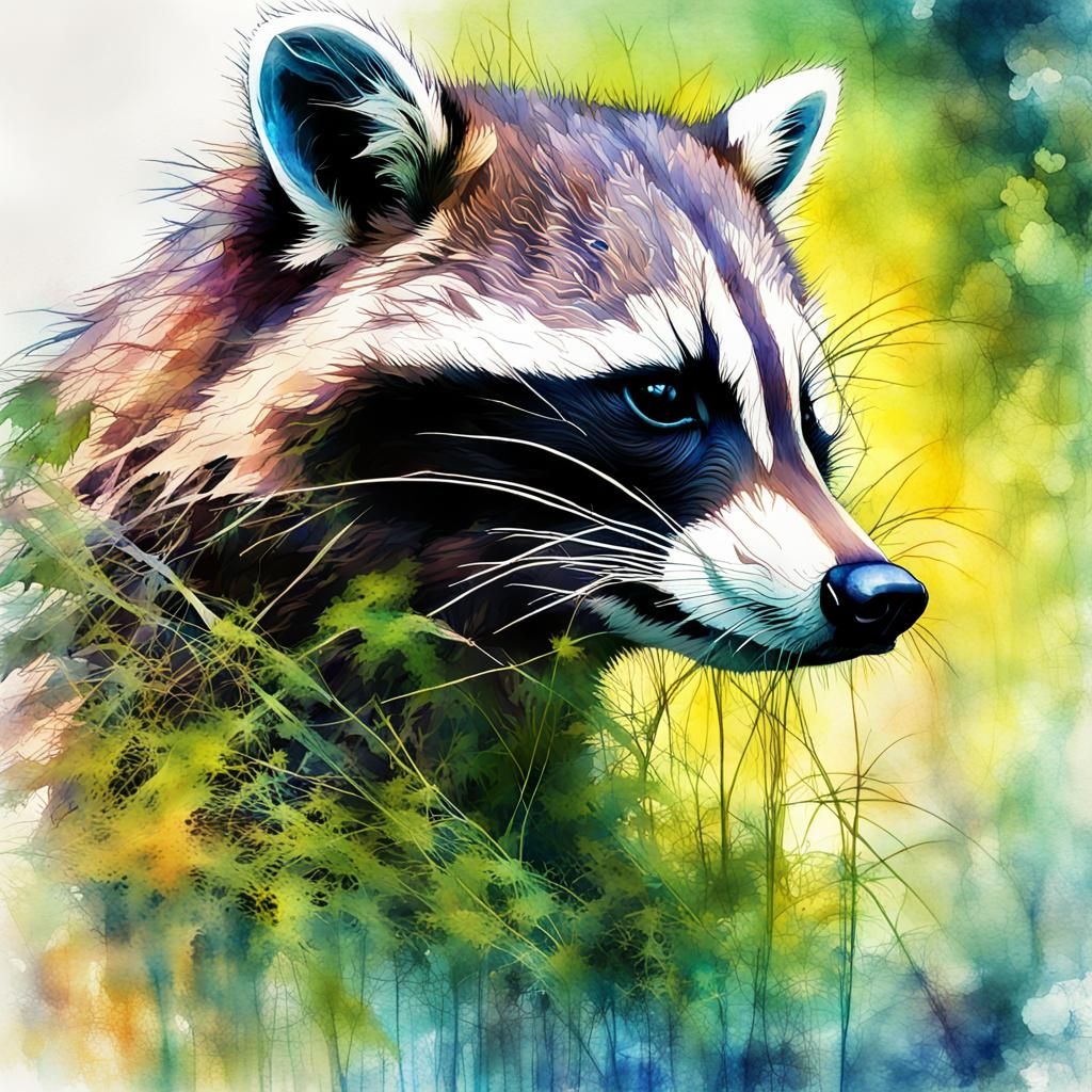 Neon Raccoon in Watercolor River Dreamscape