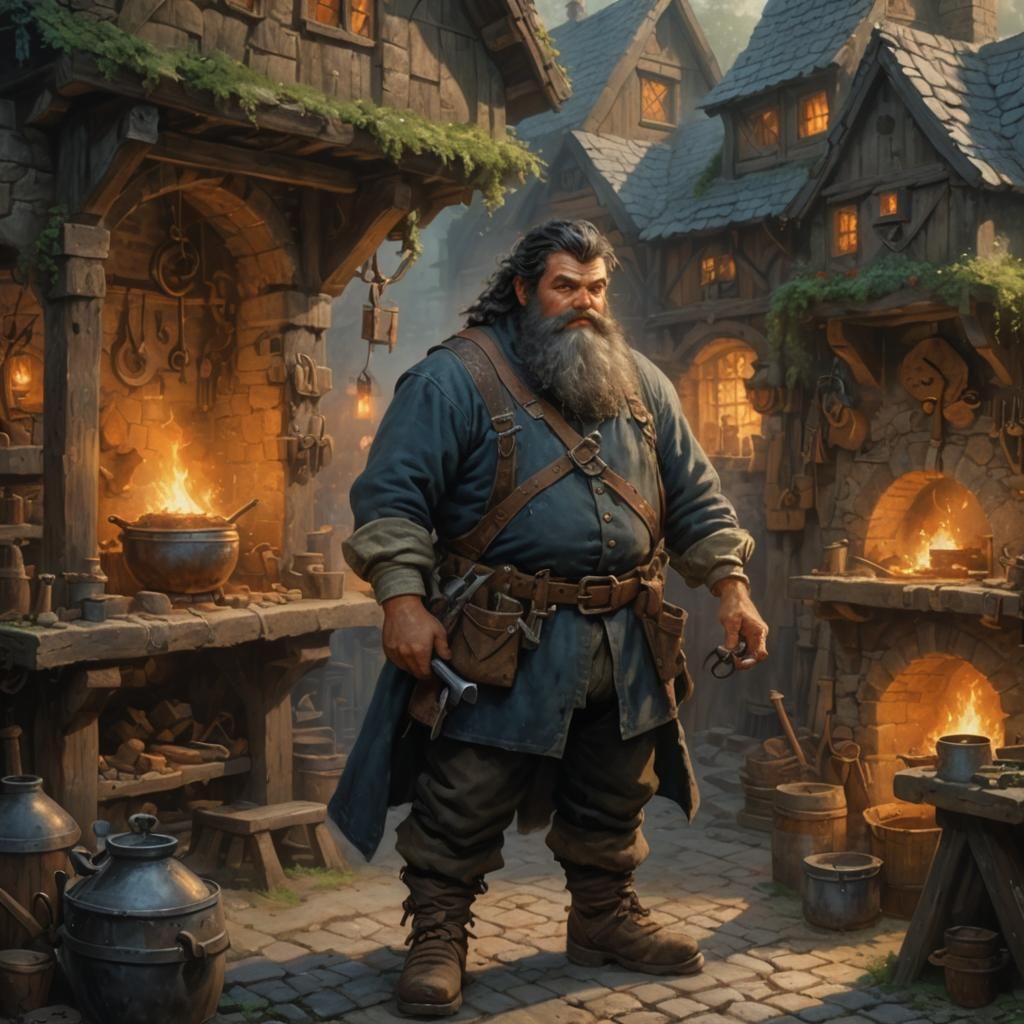 Dwarf Blacksmith at Forge in Slavic City