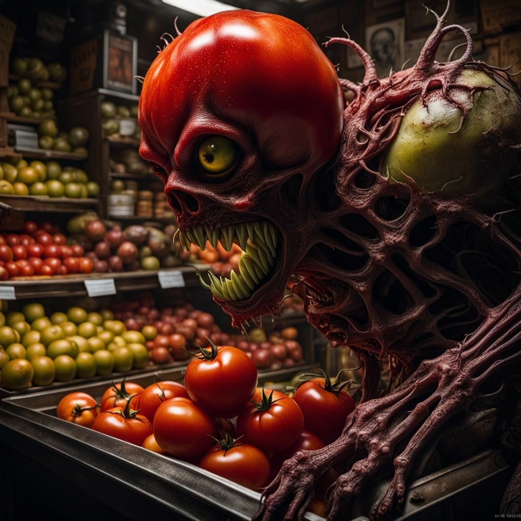 Demonic Tomato Zombie Portrait in Giger Style