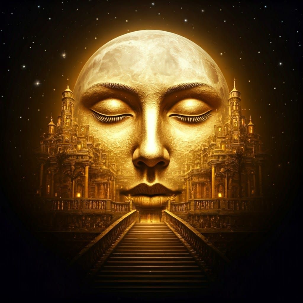 Dreamlike Golden City Blended with Moon-Face