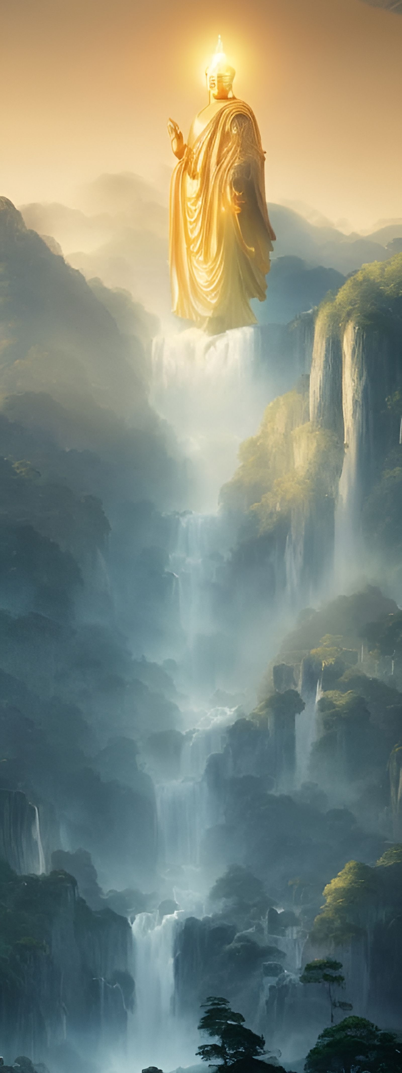 Giant Buddhist Statue at Waterfall Landscape