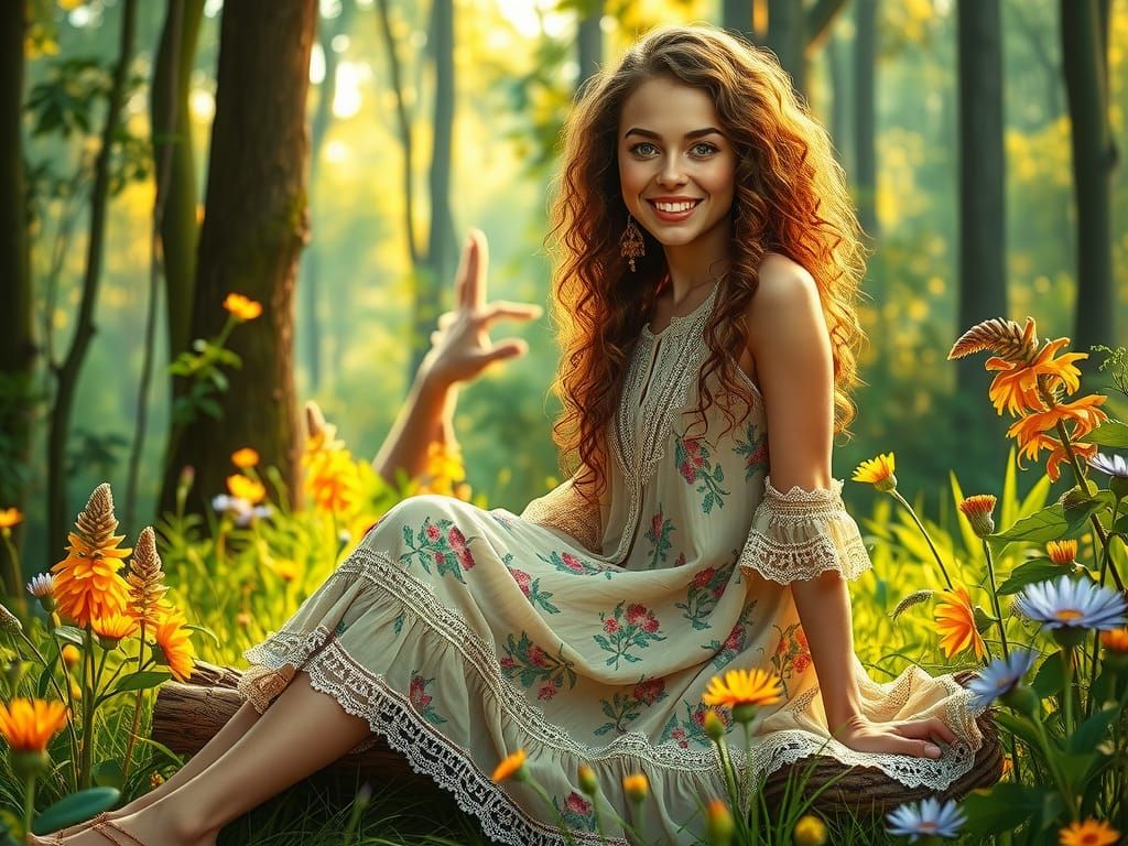 Boho Woman in Forest, Ethereal Digital Art