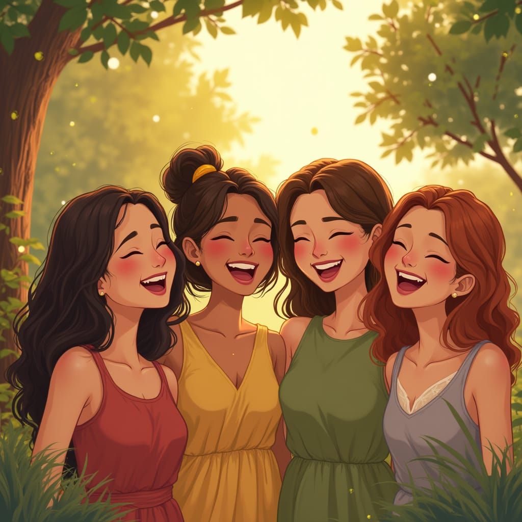 Joyful Young Women in Whimsical Illustration Style