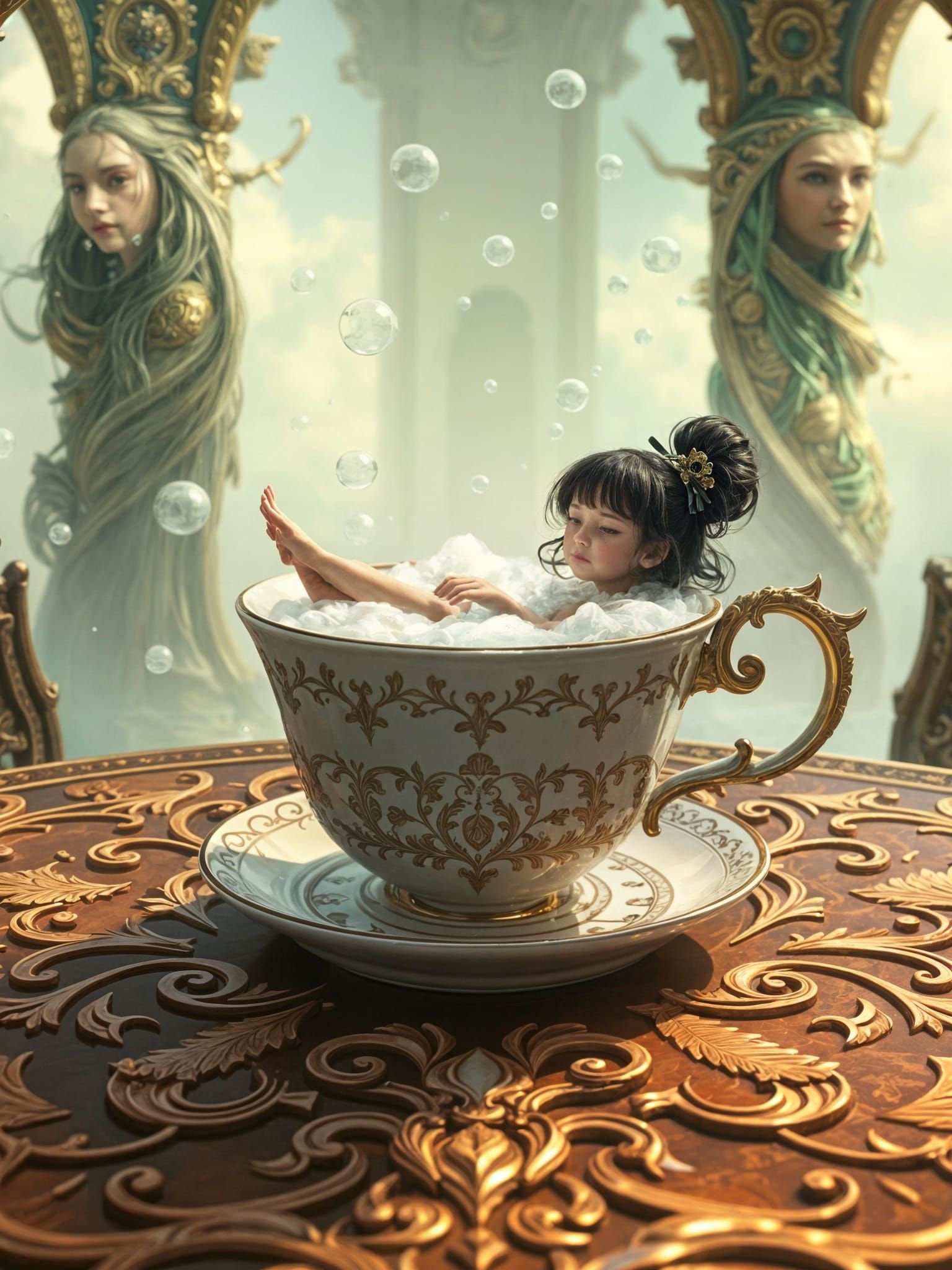 Cute Girl Bathing in Teacup: Dark Fantasy Illustration