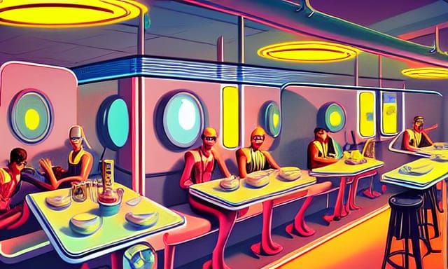 Retrofuturistic Cafe with Robot Waiters in Pop Art