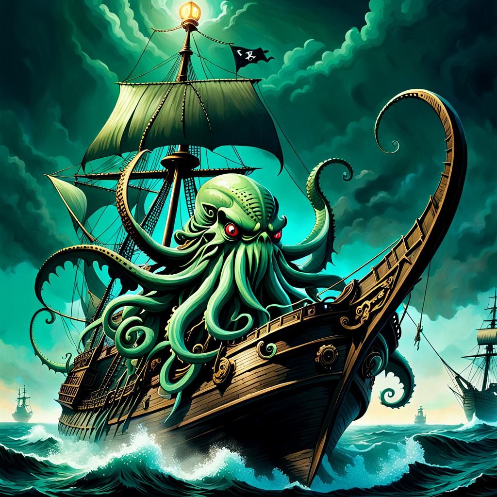 Surreal Cthulhu Attacks Pirate Ship