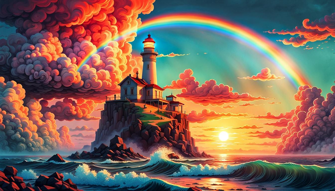 Retrofuturistic Lighthouse with Rainbow Clouds in Ukiyo-e St...
