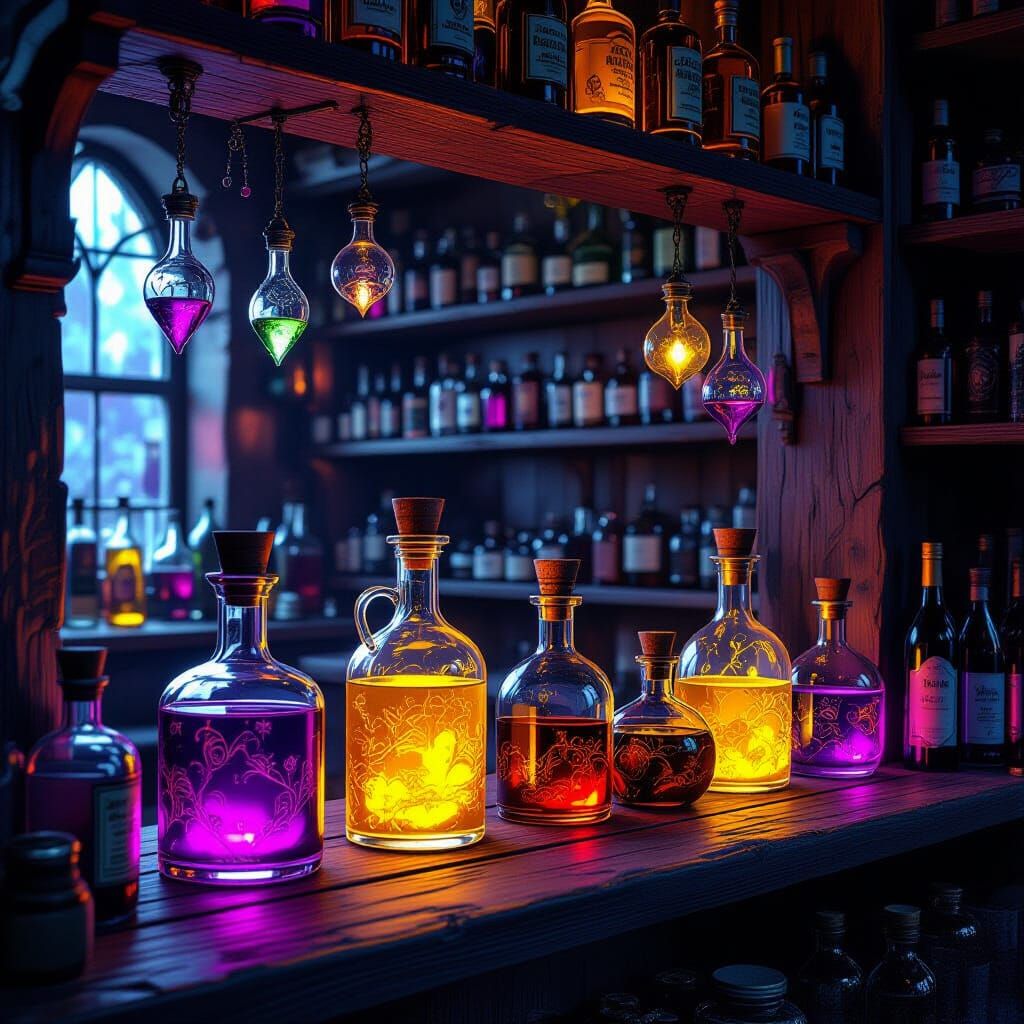 Glowing Potions Shelf in Magic Shop