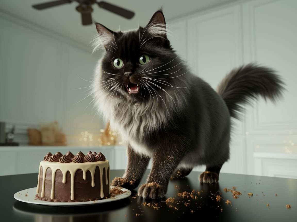 Mischievous Cat with Magical Fur and Cake Crumbs in Whimsica...