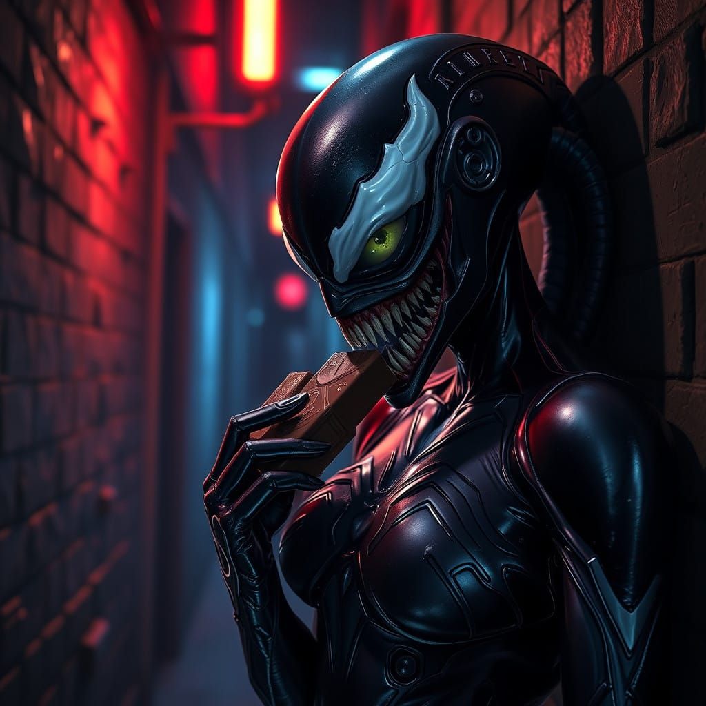 Gritty Dark Alley Portrait of Female Venom Symbiote Indulgin...