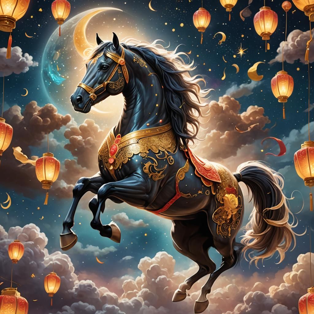 Golden Arabian Horse in Chinese Zodiac Sky
