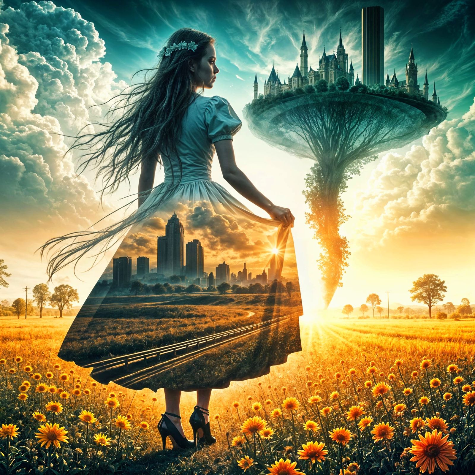Double Exposure of Dorothy in Whimsical OZ Landscape