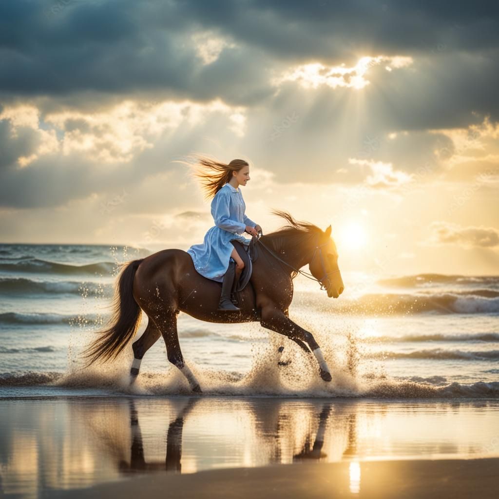 Girl on Horseback at Beach in Divine Light