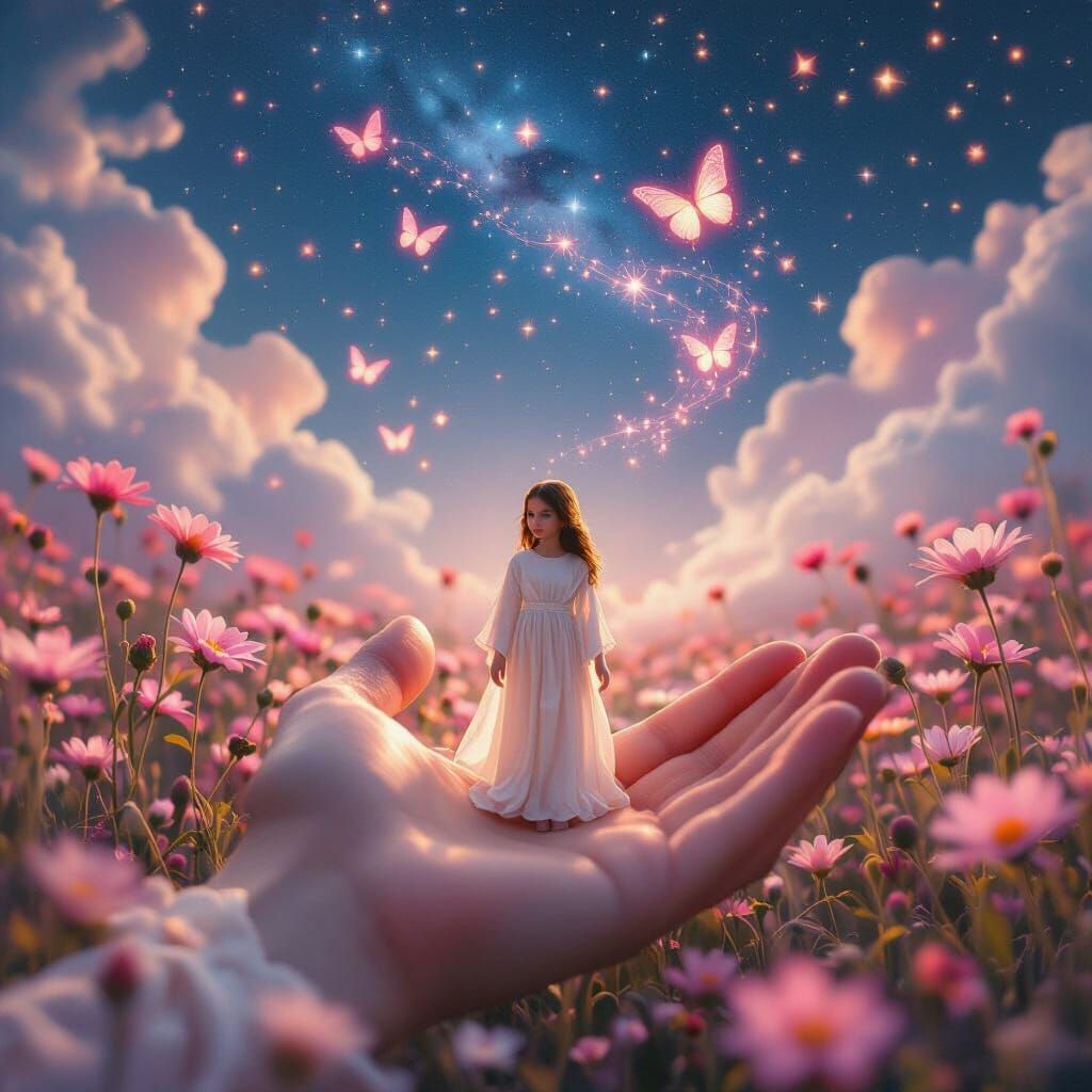 Human Palm Holds Miniature Dreamscape with Celestial Girl