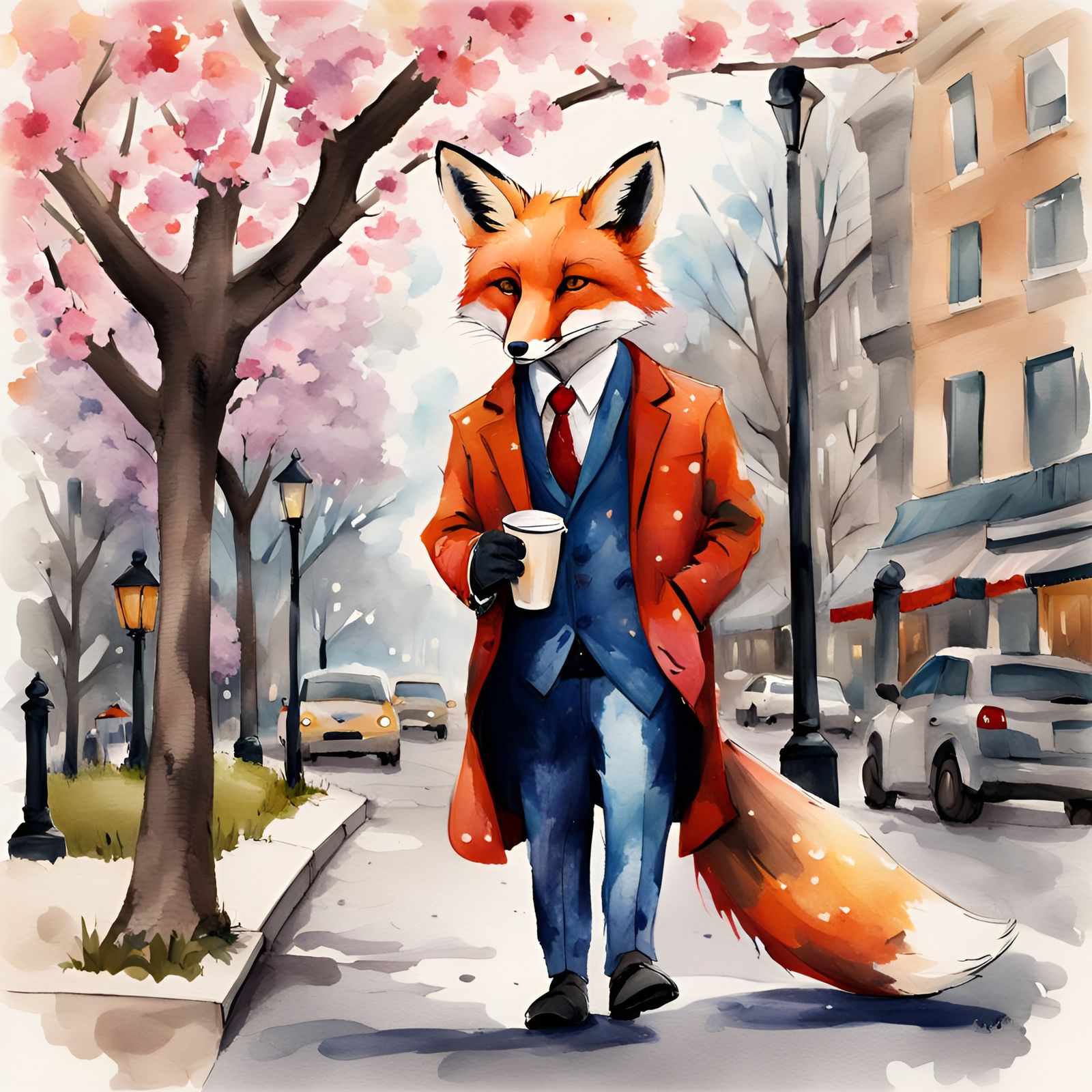 Fox Admiring Cherry Blossoms in Watercolor Style