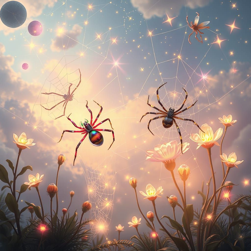 Rainbow Spiders Weaving Starlight Webs in Sky Garden