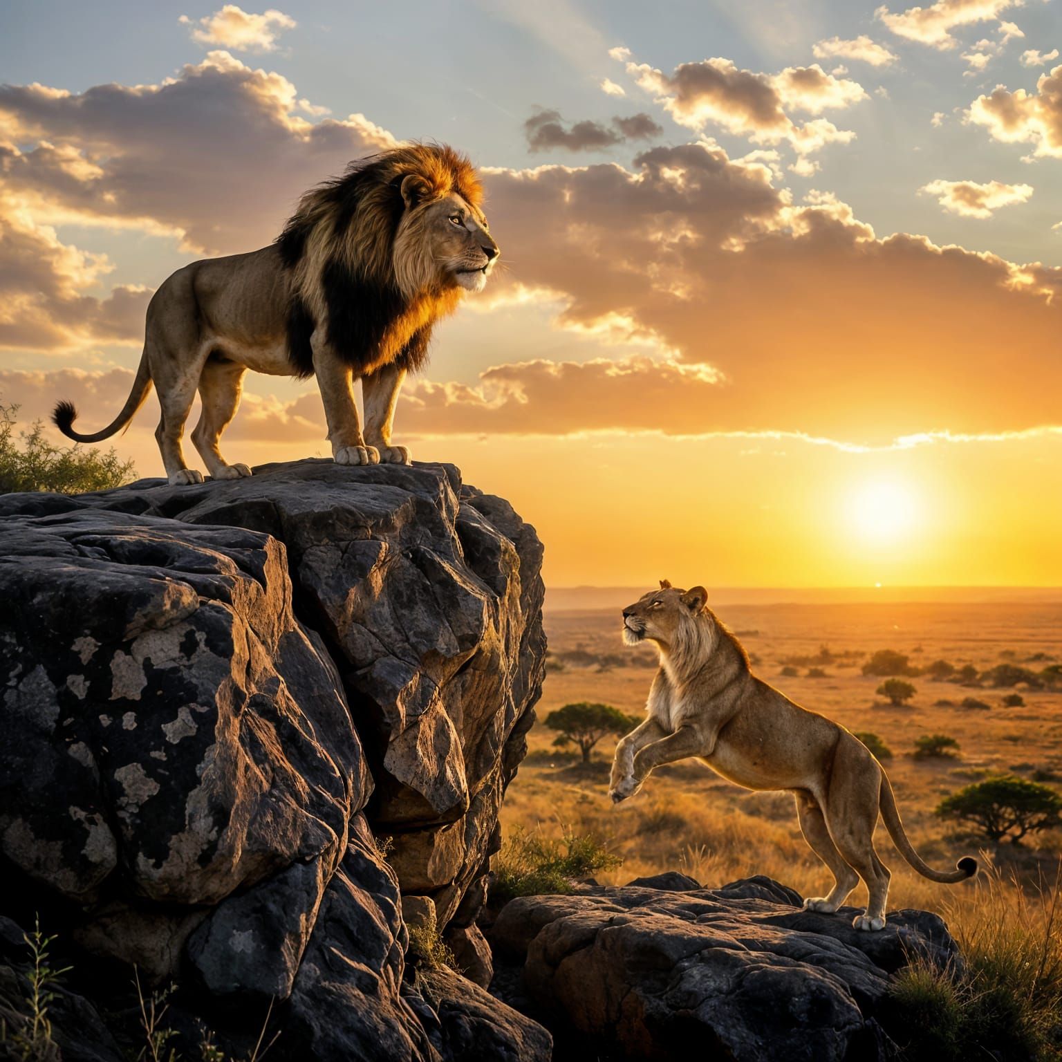 Majestic Lion and Lioness Leap on Rocky Outcrop