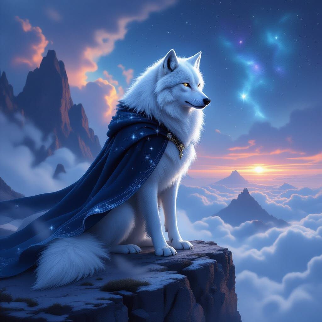 Majestic Starlight Wolf Overlooking Nebula Sky