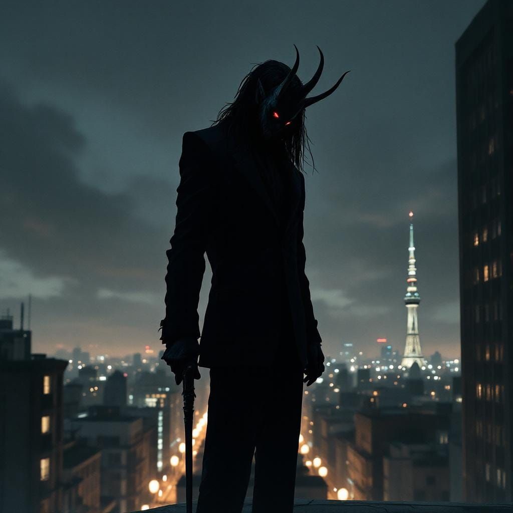 Sinister Shadow Figure Overlooking City at Night