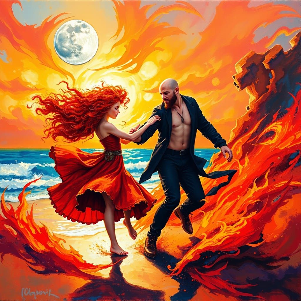 Wild Redhead Couple Dances Amidst Vibrant Sunset Flames