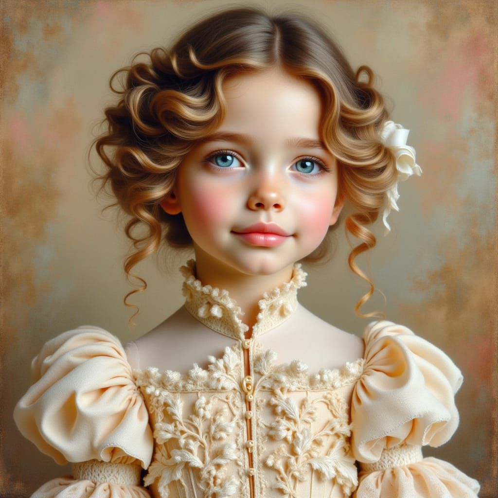 Victorian Toddler in Lace Dress in Ink Wash Style