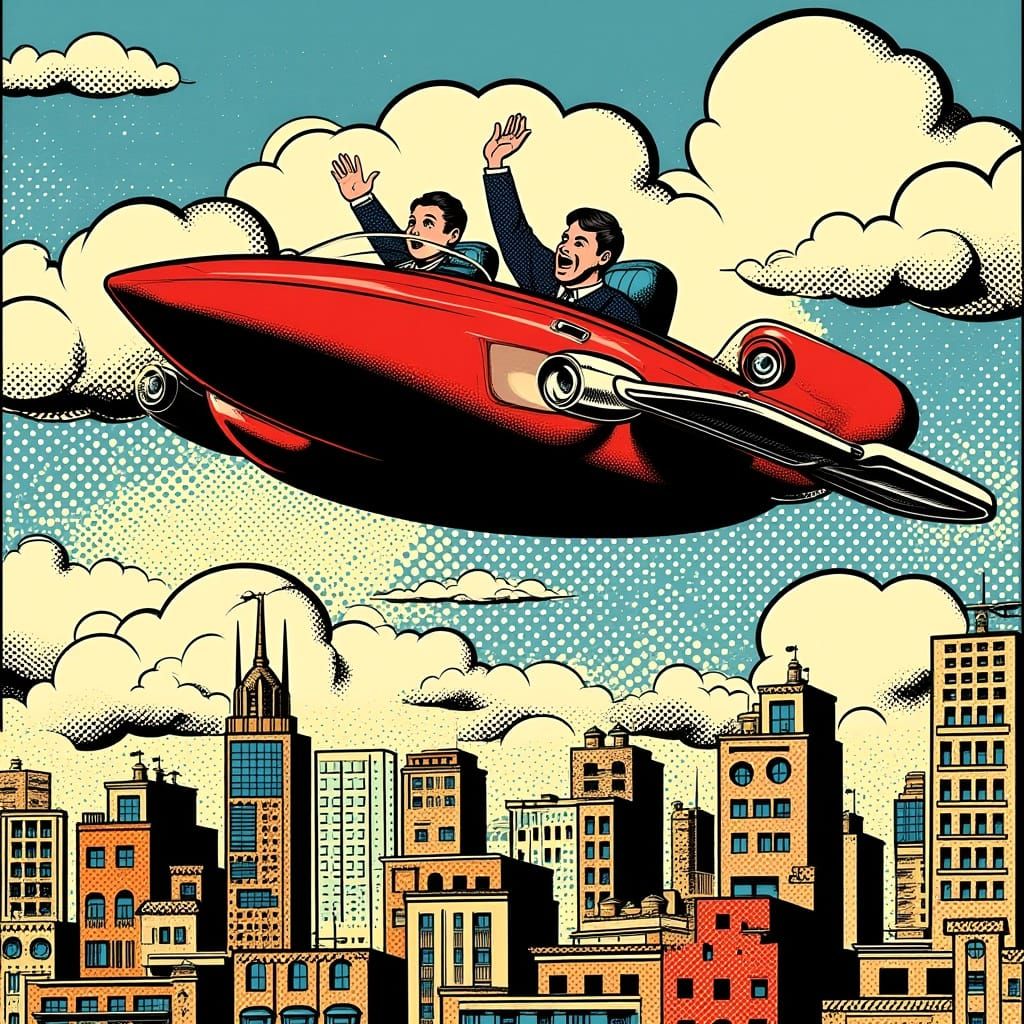 1950s Comic Cover: Futuristic Air-Car Over Retro Metropolis