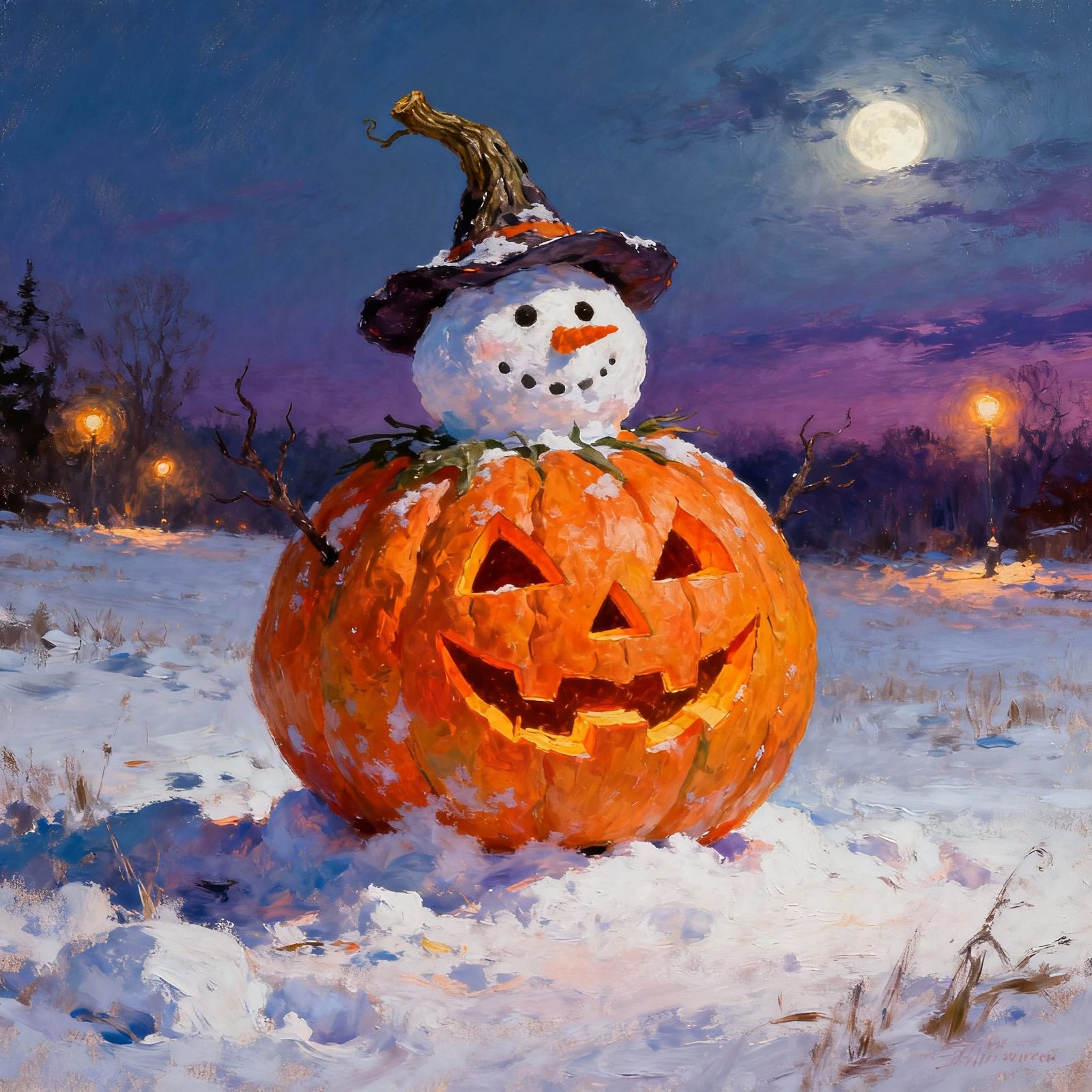 Snowman in Jack-o'-Lantern Costume Under Twilight Sky