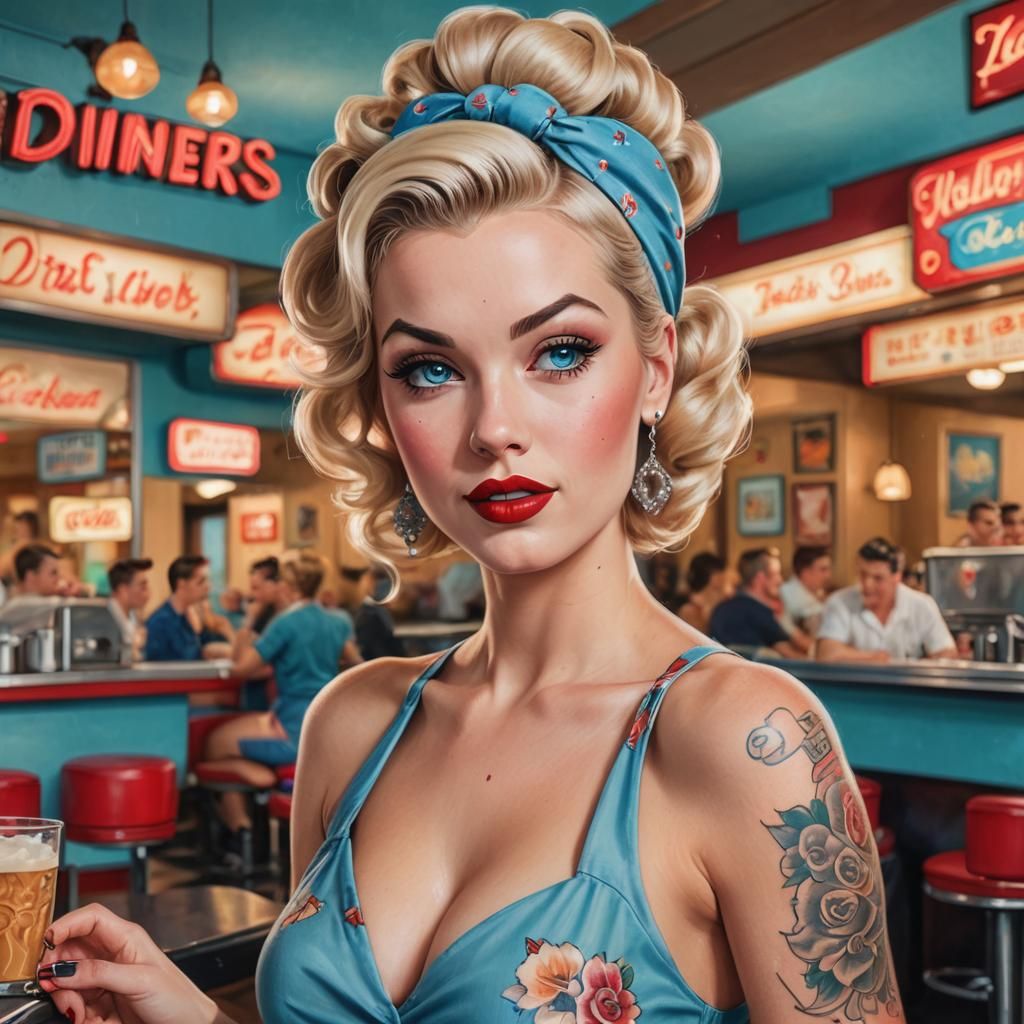 Pin-Up Woman in Front of Vintage Diner with Grunge Aesthetic...