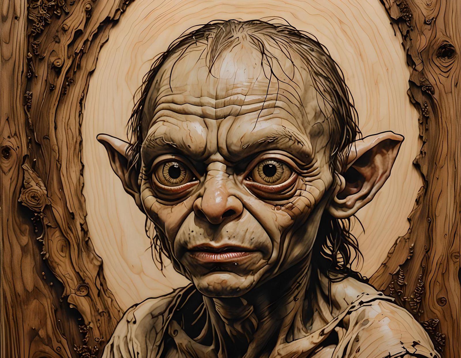 Realistic Pyrography Portrait of Gollum on Wood