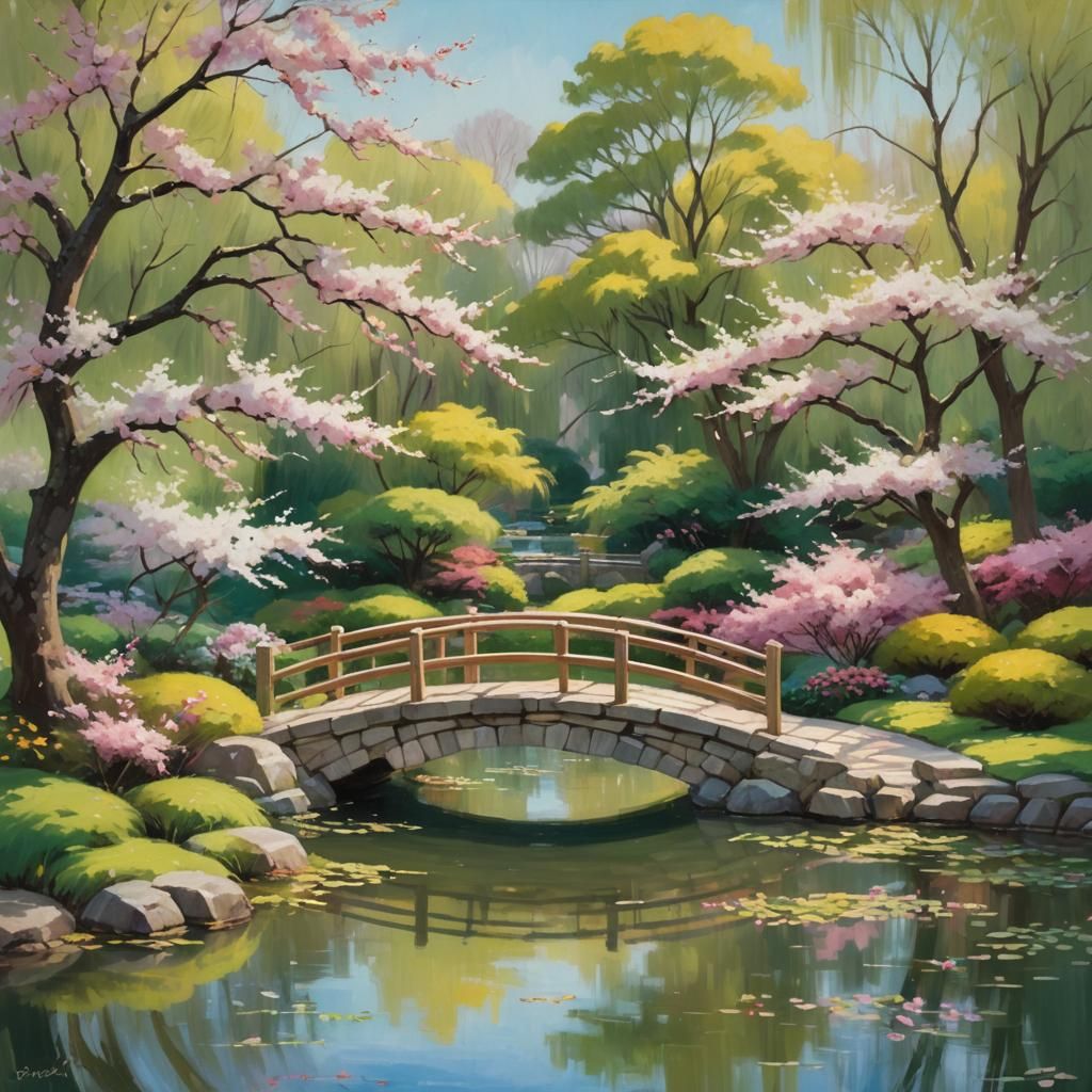 Japanese Garden Pond in Gurney Style Oil Painting