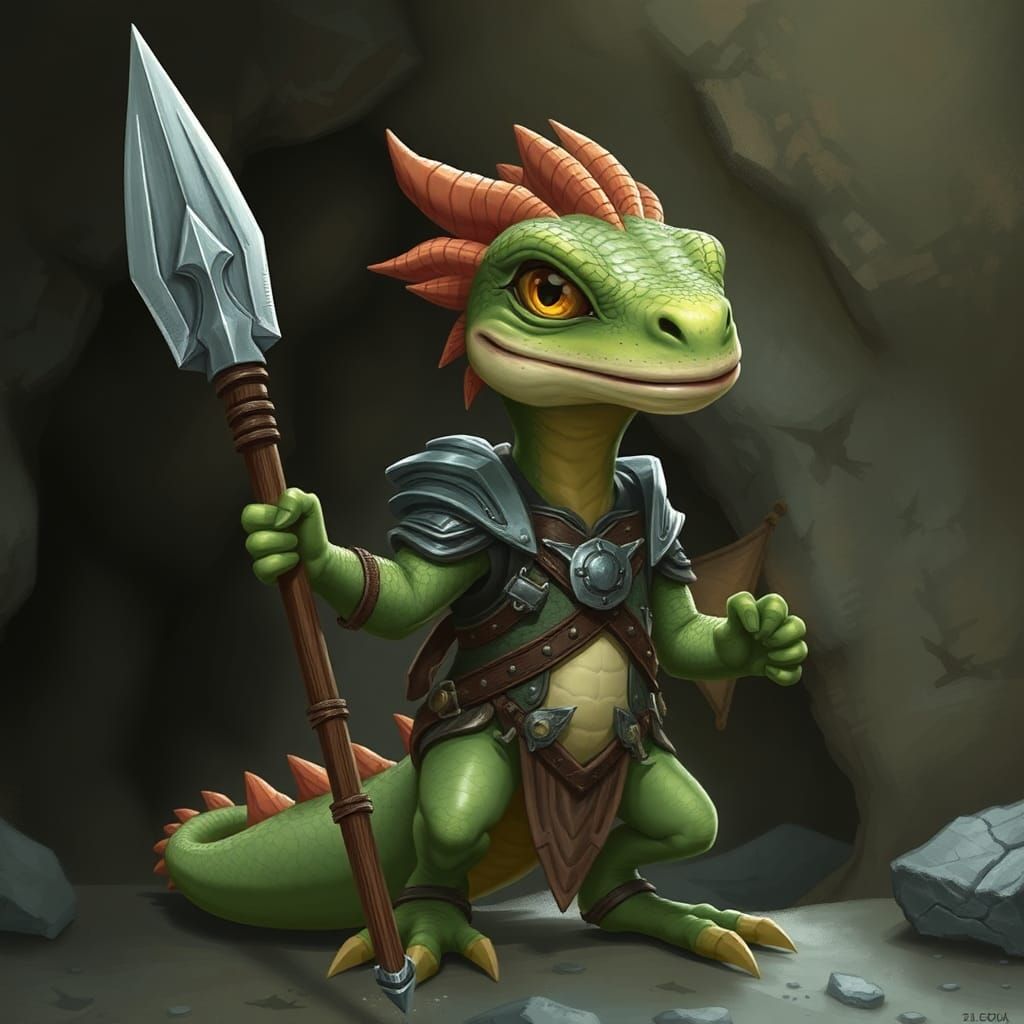 Adorable Dragon Lizard Warrior in Cave