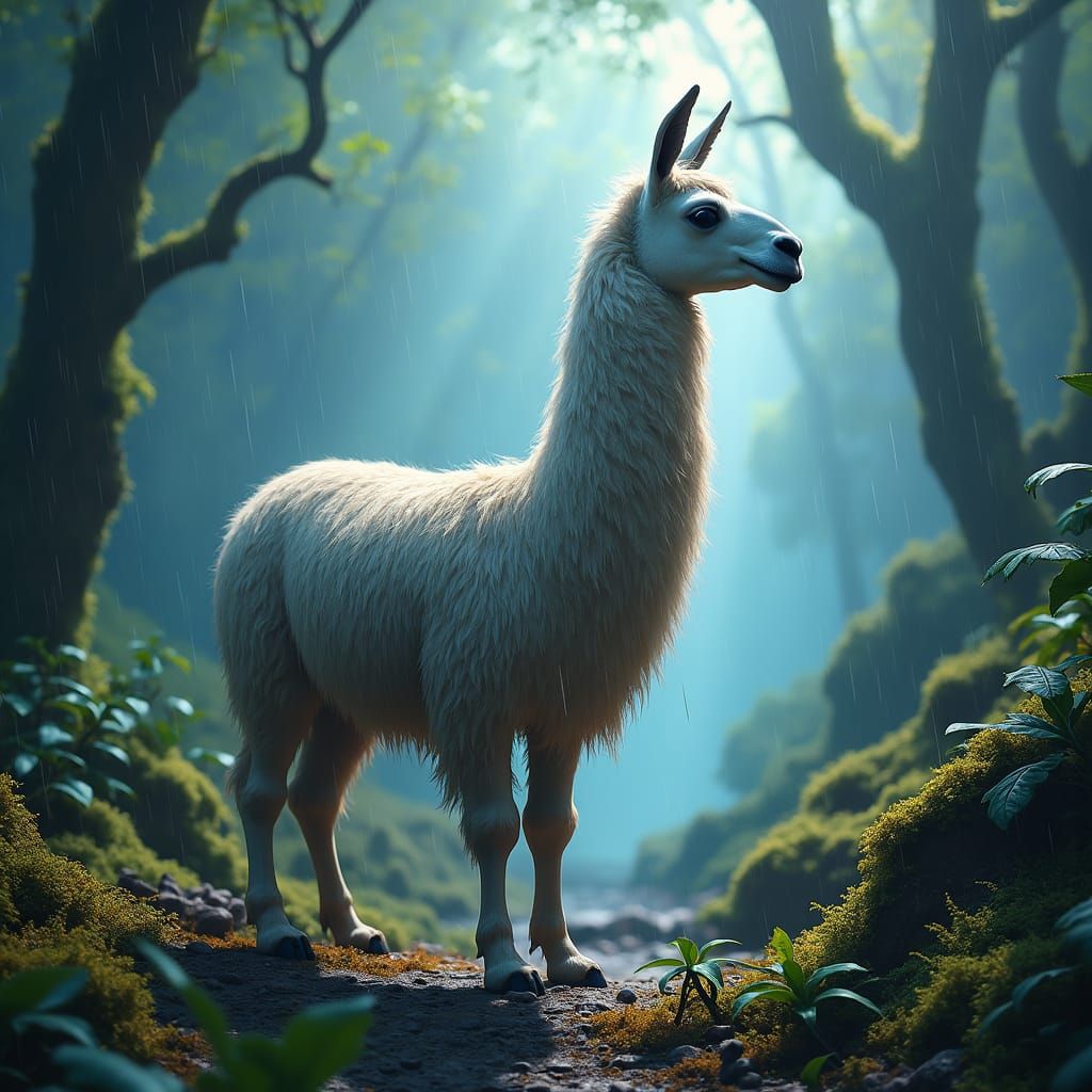 Llama in Mystical Forest: Eerie Calm and Vibrant Colors