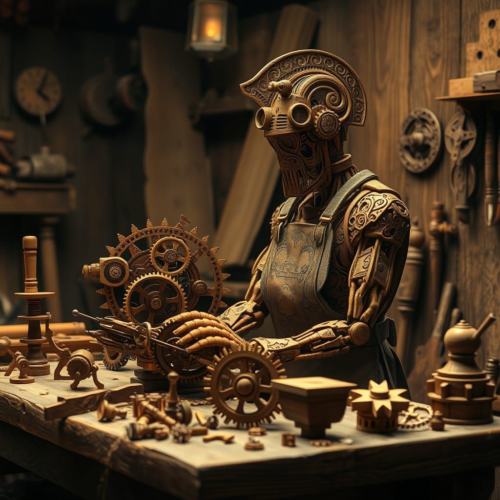 Ornate Automaton Carving Gears in a Miyazaki-esque Workshop