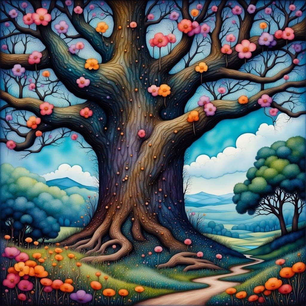 Kauri Tree in Bloom: Liquid Ink Fantasy Portrait