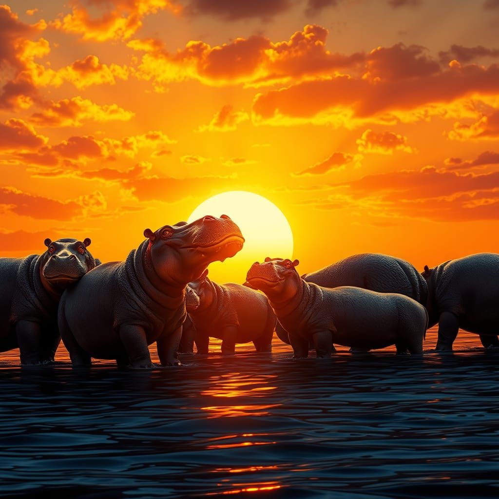 Hippos in Sunset Splendor