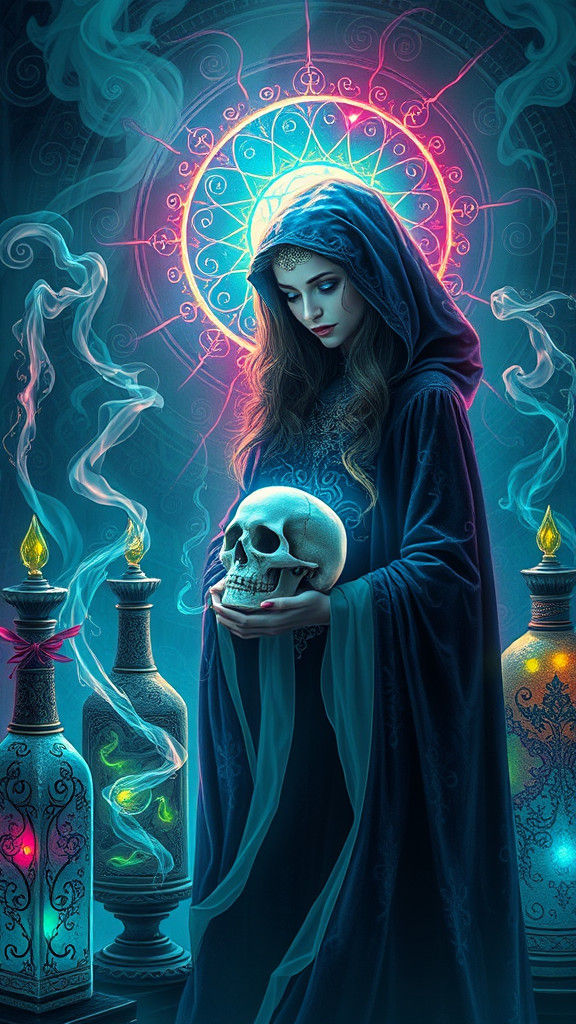 Mystical Woman with Potions and Skull in Dreamlike Style