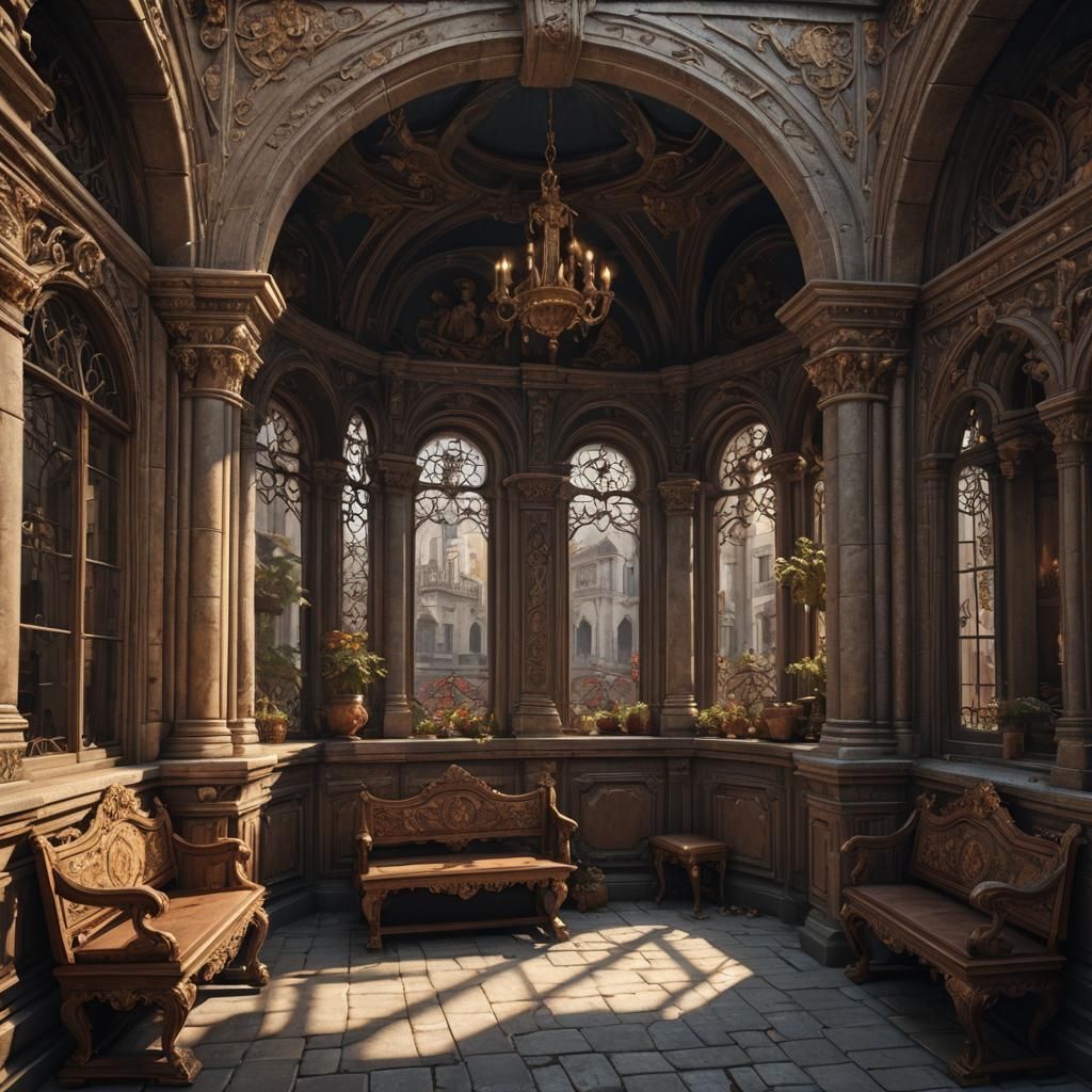 Baroque Palace Interior with Stone Windows and Bench