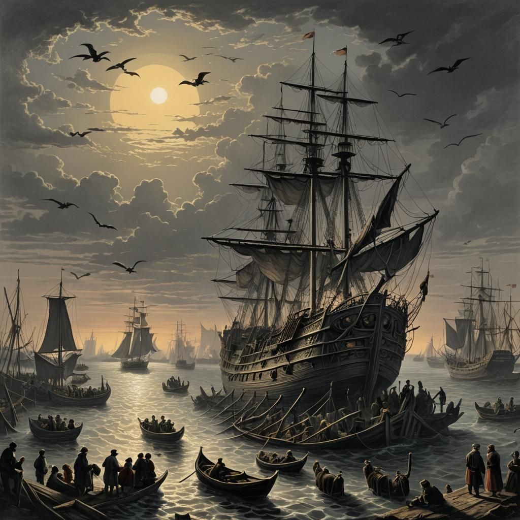 Island Family Shipwreck at Sunset in Etching Style