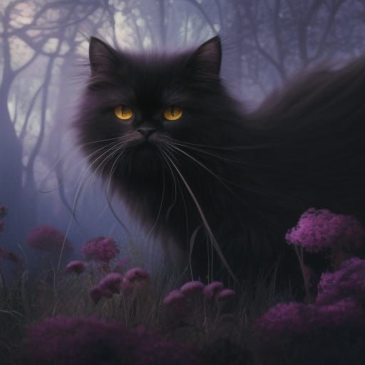 Black Persian Cat in Blue Flower Meadow: Digital Art