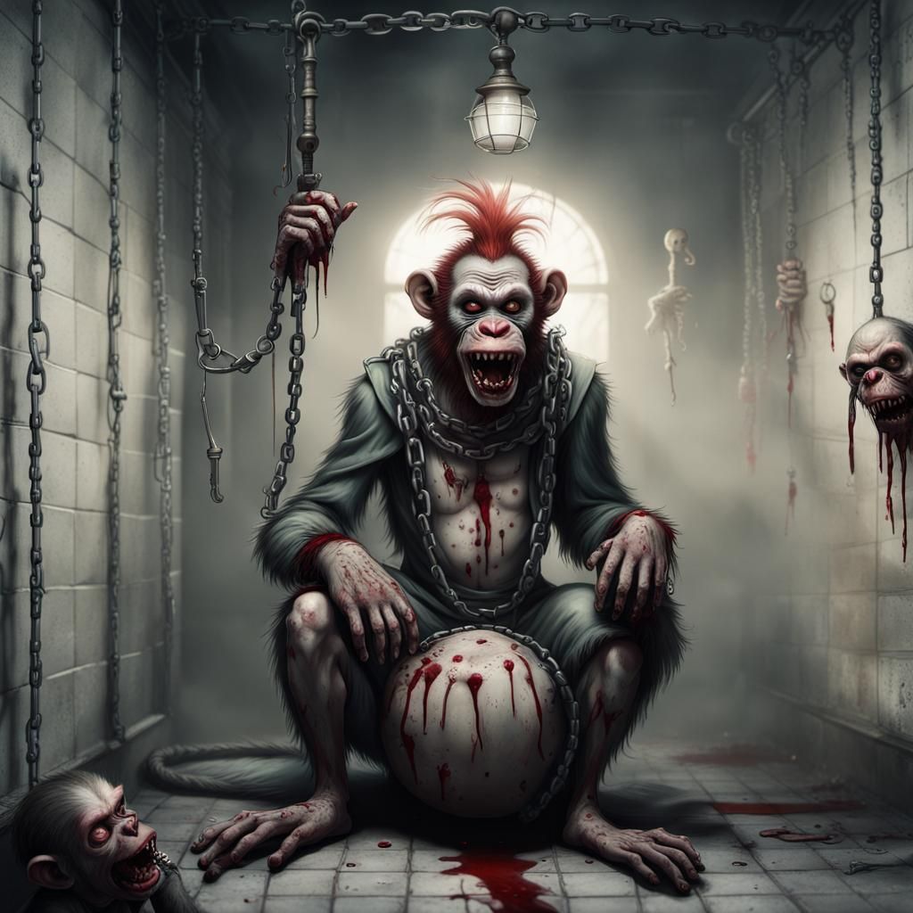 Zombie Monkey Clown in Prison Cell: Horror Concept Art
