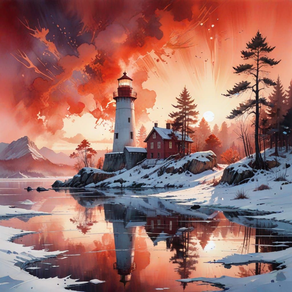 Frozen Lighthouse at Dawn: Digital Matte Painting