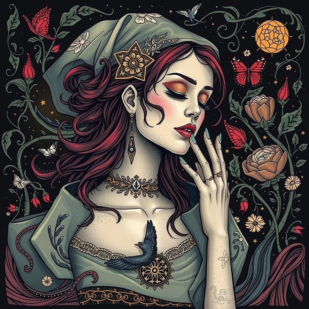 Woman in Prayer with Golden Light, Dreamy Art