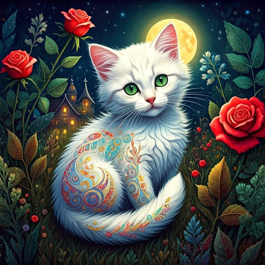 Cat in Naive Art Collage with Roses