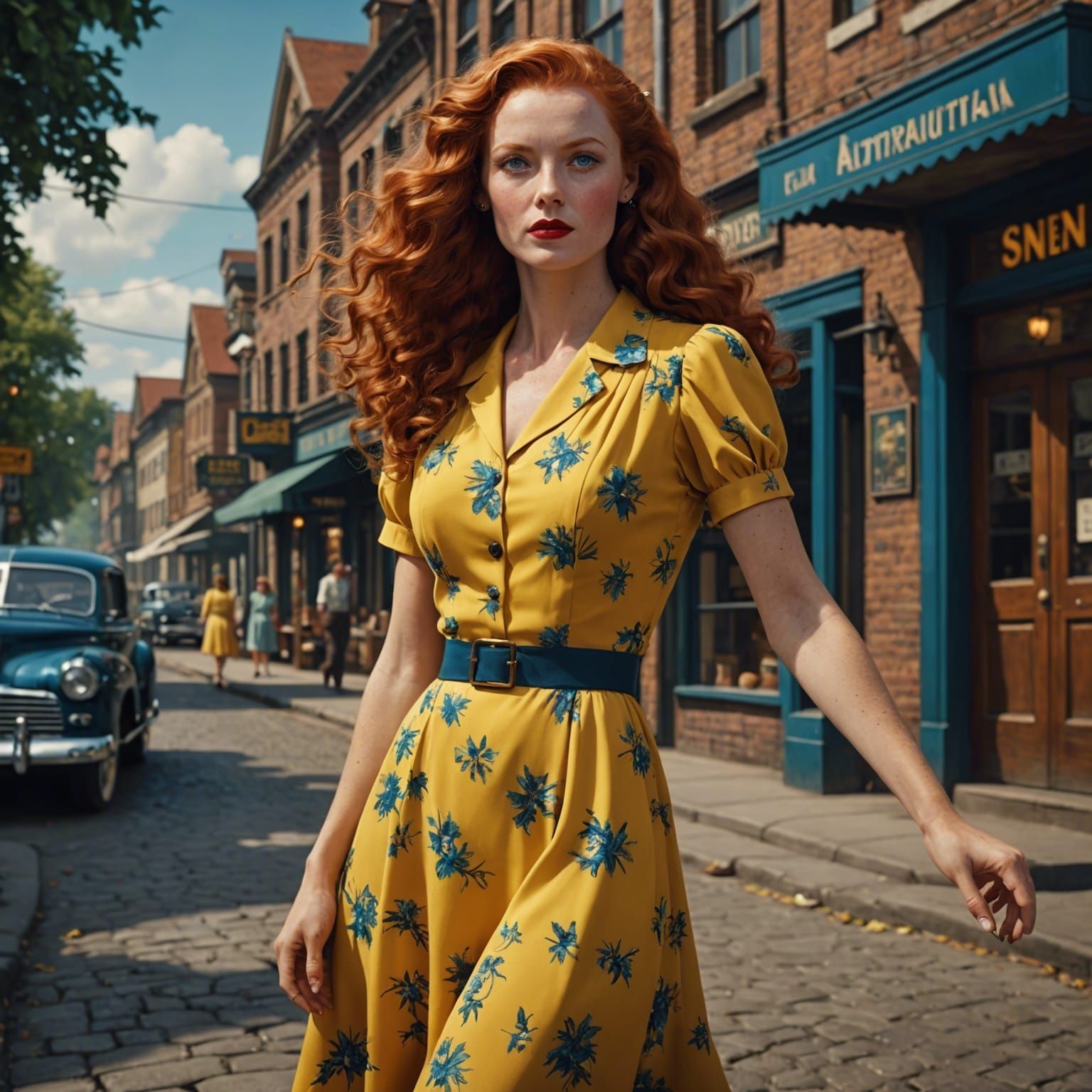 1940s Woman in Yellow Dress in Small Town