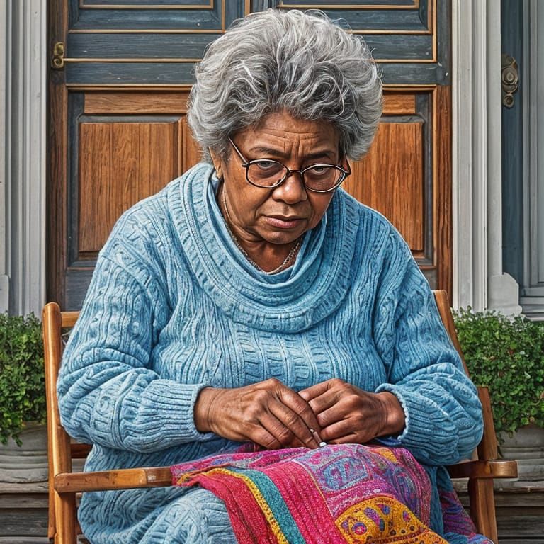 Hyperrealistic Portrait of Elderly Woman Knitting on Porch