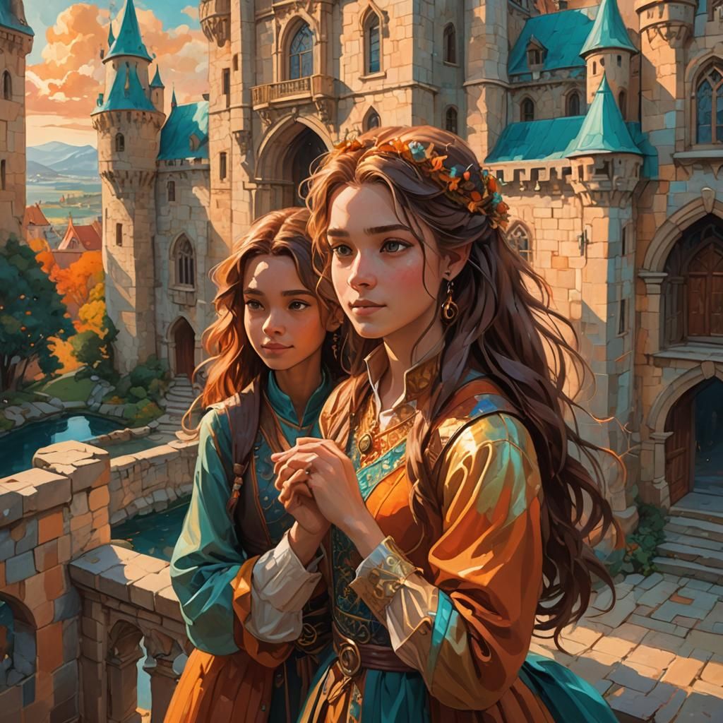 Girl Addresses Crowd with Boy, Vibrant Oil Painting